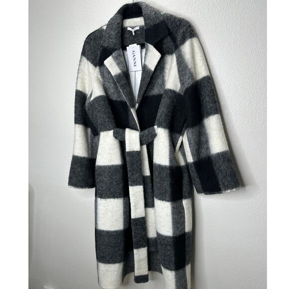 NWT Ganni McKinney Wool in Egret Black & Cream Check Belted Jacket 40 / 10 - Picture 2 of 16